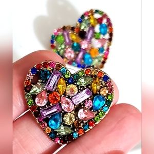 Hearts colorful earrings pierced Rhinestones crystals vintage style rhinestones